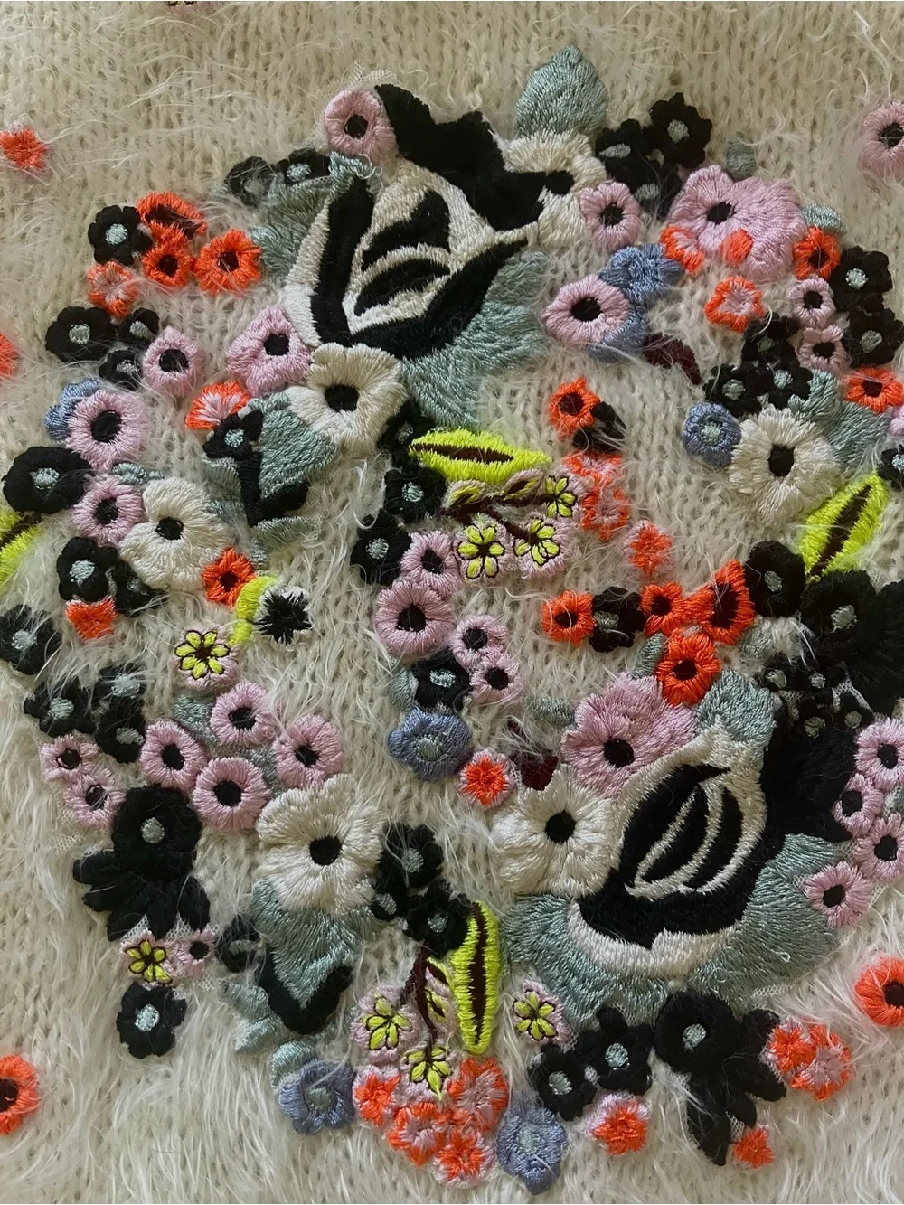 ERDEM white Fuzzy Crewneck Sweater with Floral Embroidery - Picture 3 of 8